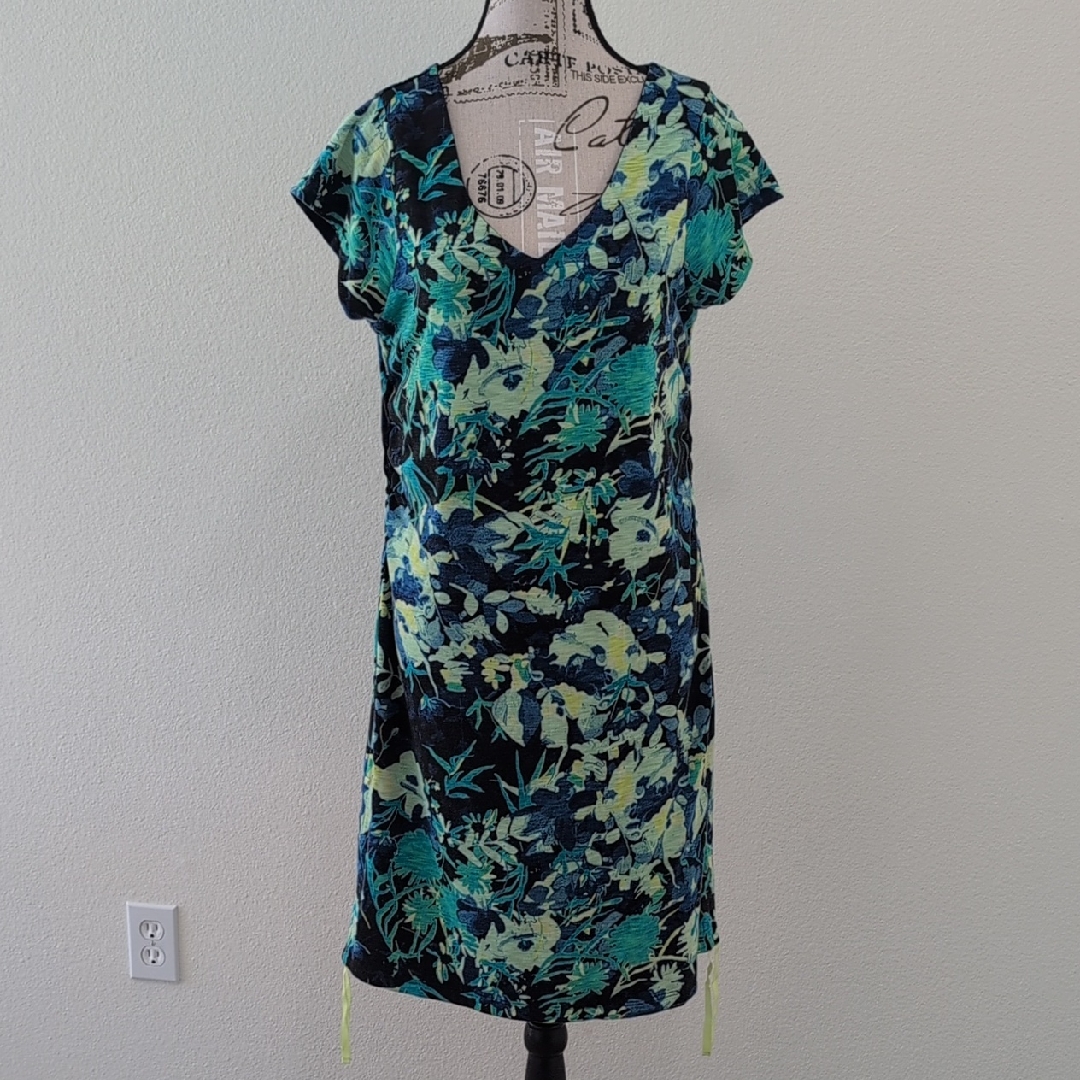 Custom Unbranded Floral Print V-Neck Dress - Blue And Green